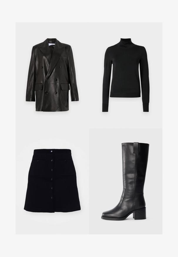 Schwarze Leder-Doppelreiher-Blazer mit breiten Revers, Fronttaschen und Knopfakzenten. Glatte Textur mit taillierter Silhouette.; Schwarzer Langarmrollkragenpullover mit gerippten Bündchen und Saum, auf einem schlichten weißen Hintergrund präsentiert.; sandro JUPE TRAPEZE POCHES - A-Linien-Rock - noir; Schwarze Lederstiefel bis zum Knie mit glatter Oberfläche, quadratischer Spitze, Blockabsatz und seitlichem Zugband, mit minimalistischen Nähdetails.