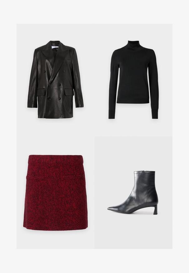 Black leather double-breasted blazer with wide lapels, front pockets, and button accents. Smooth texture with a tailored silhouette.; Black long-sleeve turtleneck sweater with ribbed cuffs and hem, displayed on a plain white background.; Red woolen skirt with a textured finish, featuring a high waistband and a simple, straight silhouette. No visible embellishments or patterns.; Black leather ankle boot with a pointed toe and a sleek design. Features a low heel and a zipper closure at the back. Smooth texture.