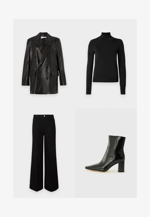 Juodas odinis dvigubos sagos švarkas su plačiais sklendais, priekinėmis kišenėmis ir mygtukų akcentais. Lygi tekstūra su pritaikytu siluetu.; Juoda ilgomis rankovėmis turtleneko tipo megztinis su rebruotomis rankovėmis ir apačia, eksponuojamas ant paprasto balto fono.; Juodi plačiakojai džinsai, pagaminti iš tvirto audinio, su aukštu juosmeniu, priekinėmis kišenėmis ir priekiniais mygtukais. Lygus hem pastatytoje apačioje.; Juodos kulkšninių botai, pagaminti iš blizgaus odos, su smailiu nosiu ir storo kvadratinio kulno. Išsiskiria lygiu paviršiumi ir minimalizmo stiliumi.
