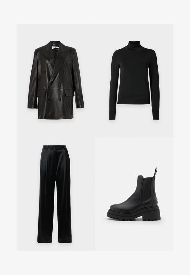 Zwarte leren dubbelbreasted blazer met brede revers, voorzakken en knoopaccenten. Gladde textuur met een getailleerd silhouet.; Zwarte trui met lange mouwen en col, voorzien van geribde manchetten en zoom, weergegeven op een effen witte achtergrond.; Zwarte satijnen hoge taillebroek met rechte wijde pijpen, riemlussen en een platte sluiting op een effen witte achtergrond.; Zwarte chelsea laarzen van glad leer met elastische zijpanelen, een dikke, geribbelde rubberen zool en een aantrekbandje aan de achterkant.