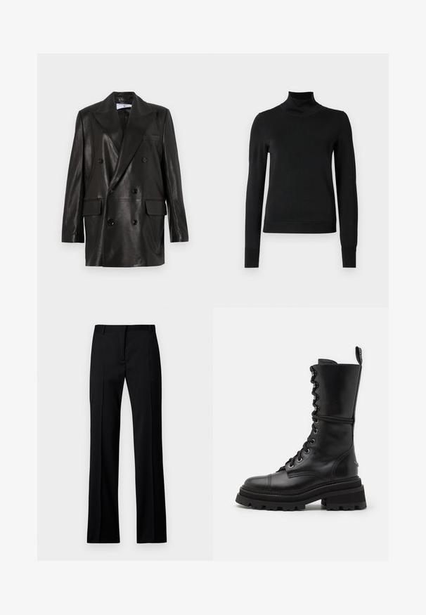Zwarte leren dubbelbreasted blazer met brede revers, voorzakken en knoopaccenten. Gladde textuur met een getailleerd silhouet.; Zwarte trui met lange mouwen en col, voorzien van geribde manchetten en zoom, weergegeven op een effen witte achtergrond.; Zwarte rechte broek van gladde stof, met een platte voorkant, riemlussen en zonder zichtbare zakken of versieringen.; Zadig & Voltaire RIDE SEMY SHINY - Plateaulaarzen - noir
