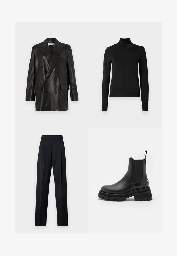 Sort læder dobbeltradet blazer med brede revers, forlommer og knapdetaljer. Glat tekstur med en skræddersyet silhuet.; Sort langærmet turtleneck sweater med ribbede manchetter og kant, vist på en simpel hvid baggrund.; Sorte bukser lavet af glat stof, der har høj talje, brede ben, frontfolder og klassiske bælteløkker. Ingen synlige sidelommer.; Sort læder Chelsea-støvle med elastiske sidepaneler, rund tå, kraftig gummisål og trækstrop ved hælen. Strukturerede og glatte overflader.
