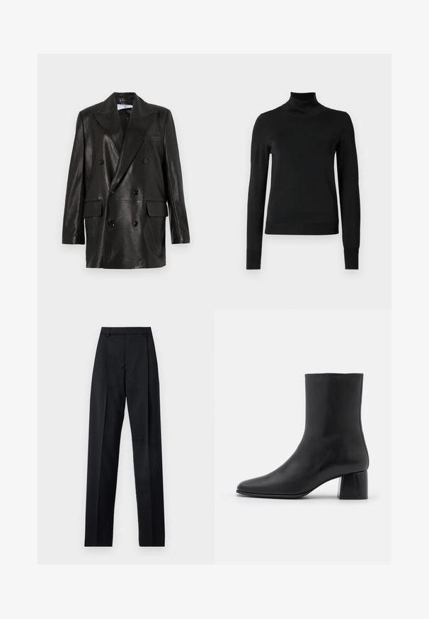 Schwarze Leder-Doppelreiher-Blazer mit breiten Revers, Fronttaschen und Knopfakzenten. Glatte Textur mit taillierter Silhouette.; Schwarzer Langarmrollkragenpullover mit gerippten Bündchen und Saum, auf einem schlichten weißen Hintergrund präsentiert.; Schwarze Hosen aus glattem Stoff mit hoher Taille, weitem Bein, vorderen Falten und klassischen Gürtelschlaufen. Keine sichtbaren Seitentaschen.; Schwarze Leder-Ankle-Boots mit spitzer Zehenpartie und einem klobigen, quadratischen Absatz. Glatte Textur mit nahtlosem Design und minimalistischem Nähen.