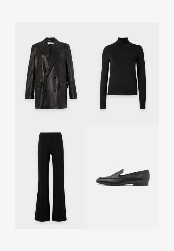 Czarna skórzana marynarka dwurzędowa z szerokimi klapami, przednimi kieszeniami i guzikami. Gładka tekstura z dopasowanym krojem.; Czarny sweter z długim rękawem i stojącym kołnierzem, z prążkowanymi mankietami i dołem, zaprezentowany na białym tle.; Czarne rozszerzane spodnie z wysokim stanem, wykonane z elastycznego materiału. Posiadają pionowe szwy z przodu oraz gładką teksturę.; Filippa K - Półbuty wsuwane