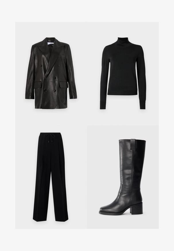 Juodas odinis dvigubos sagos švarkas su plačiais sklendais, priekinėmis kišenėmis ir mygtukų akcentais. Lygi tekstūra su pritaikytu siluetu.; Juoda ilgomis rankovėmis turtleneko tipo megztinis su rebruotomis rankovėmis ir apačia, eksponuojamas ant paprasto balto fono.; Juodos kelnės su laisvu pritaikymu, raukšlių priekiu, elastine talija ir raišteliu. Audinys atrodo lygus su šiek tiek blizgesio.; Juodos odinės iki kelių siekiančios botai su lygiu paviršiumi, kvadratiniu pirštu, storu kulnu ir šoniniu kilputė, su minimaliais siuvimo akcentais.
