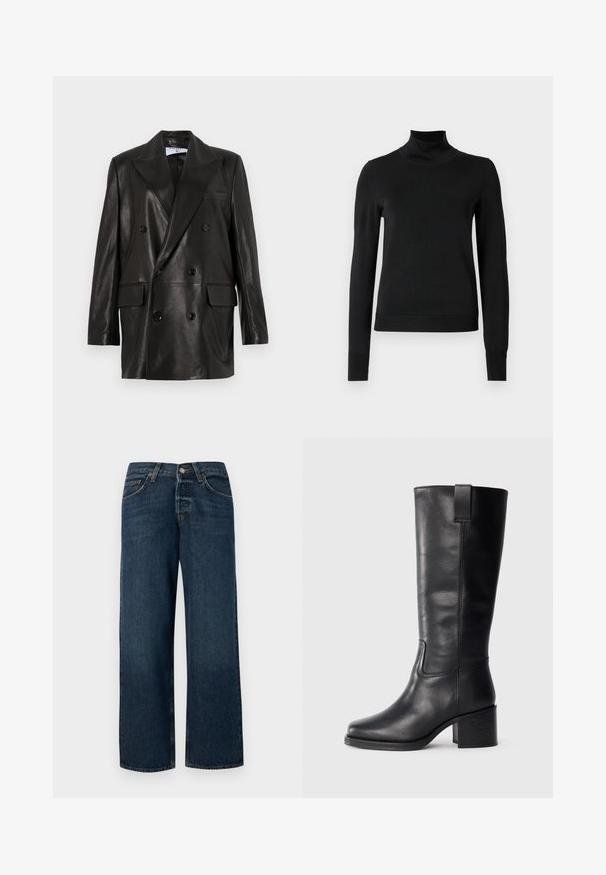 Mustast nahast kahe nööbiga bleiser laiale kraele, esikottidele ja nööpirnidele. Sile tekstuur koos kohandatud siluetiga.; Mustmusterta mustaga pikkade varrukatega kõrge kaelusega sviiter, millel on ribakudumisega mansetid ja äär, esitatud lihtsal valgel taustal.; Tumed sinised teksad sirge lõikega, viie taskuga ja metallist detailidega. Omavad kerget pleekimist ja puhast äärestust.; Musthave mustad nahktoodete bikiinibootid, millel on sile pind, ruudukujuline varvas, plokk-kand ja külgmine tõmbeaas, minimaalse õmblusega detailid.