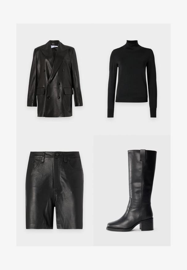Juodas odinis dvigubos sagos švarkas su plačiais sklendais, priekinėmis kišenėmis ir mygtukų akcentais. Lygi tekstūra su pritaikytu siluetu.; Juoda ilgomis rankovėmis turtleneko tipo megztinis su rebruotomis rankovėmis ir apačia, eksponuojamas ant paprasto balto fono.; Juodi odiniai šortai su lygiu paviršiumi, su priekiu užtraukiama užtrauktuku, mygtuko uždarymu ir klasikiniu penkių kišenių dizainu.; Juodos odinės iki kelių siekiančios botai su lygiu paviršiumi, kvadratiniu pirštu, storu kulnu ir šoniniu kilputė, su minimaliais siuvimo akcentais.