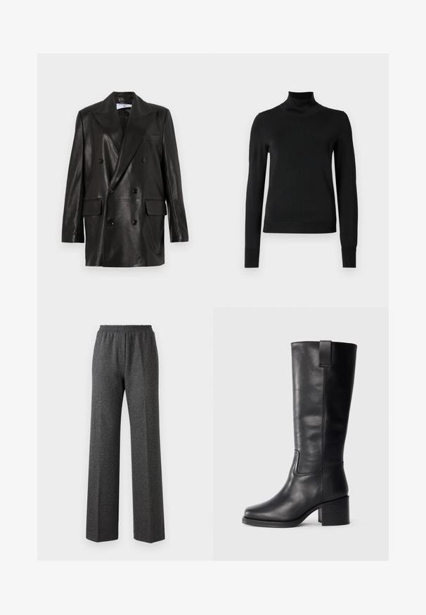 Zwarte leren dubbelbreasted blazer met brede revers, voorzakken en knoopaccenten. Gladde textuur met een getailleerd silhouet.; Zwarte trui met lange mouwen en col, voorzien van geribde manchetten en zoom, weergegeven op een effen witte achtergrond.; Grijze textuur brede broek met een elastische tailleband, met een subtiel herringbone patroon. Zachte stof met een losse pasvorm.; Zwarte leren kniehoge laarzen met een gladde textuur, vierkante neus, blokhak en zijhandvat, met minimale stikseldetails.
