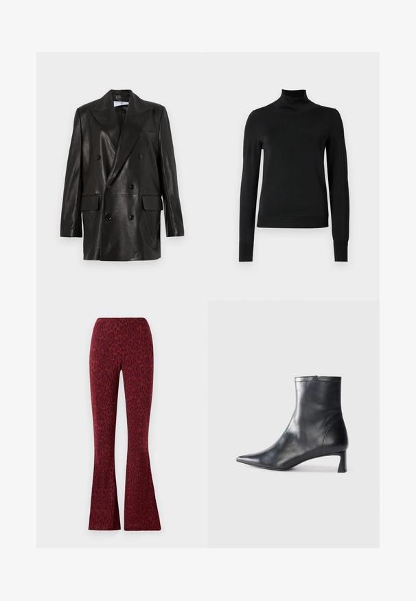 Czarna skórzana marynarka dwurzędowa z szerokimi klapami, przednimi kieszeniami i guzikami. Gładka tekstura z dopasowanym krojem.; Czarny sweter z długim rękawem i stojącym kołnierzem, z prążkowanymi mankietami i dołem, zaprezentowany na białym tle.; Czerwone spodnie w stylu dzwonów z aksamitnym wzorem w panterkę, gładką fakturą i elastycznym pasem dla wygody.; Czarne skórzane botki sięgające kostki z ostrym noskiem i eleganckim designem. Posiadają niski obcas oraz zamek błyskawiczny z tyłu. Gładka faktura.