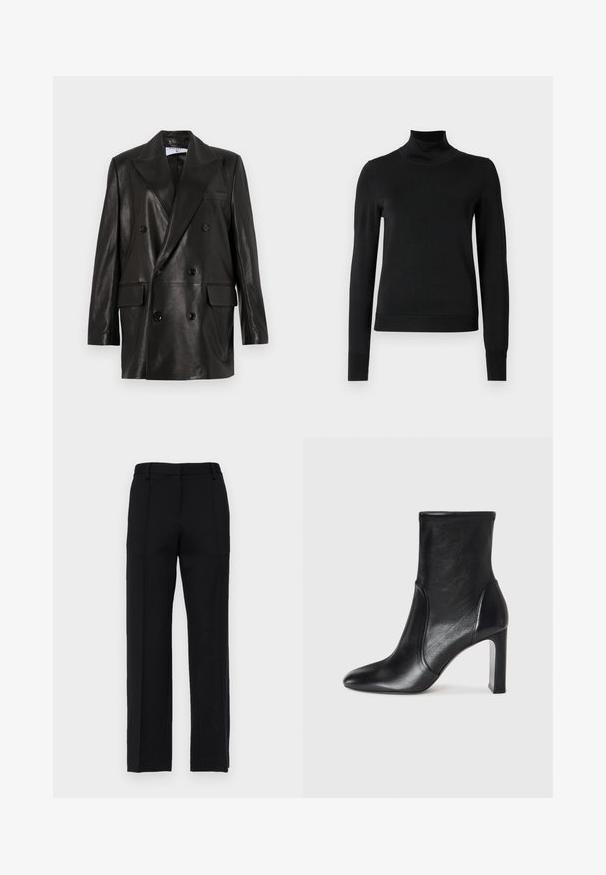 Mustast nahast kahe nööbiga bleiser laiale kraele, esikottidele ja nööpirnidele. Sile tekstuur koos kohandatud siluetiga.; Mustmusterta mustaga pikkade varrukatega kõrge kaelusega sviiter, millel on ribakudumisega mansetid ja äär, esitatud lihtsal valgel taustal.; Mustad, kohandatud püksid sirge säärega disainiga, kus on ees voldid ja tasane vöökoht. Valmistatud siledast, tekstureeritud kangast.; Must musta saapikas sujuva disaini, terava nina ja kõrge plokkkontsaga. Omab siledat tekstuuri ja minimalistikku õmbluse detaljikat.