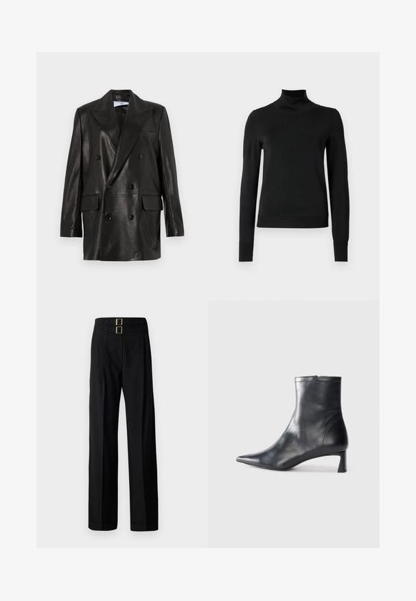 Čierny kožený dvojradový blejzer so širokými klopami, prednými vreckami a gombíkovými detailami. Hladká textúra s priliehavým strihom.; Čierny dlhý rukáv rolák s rebrovanými manžetami a lemom, zobrazený na čistej bielej pozadí.; Čierne nohavice s vysokým pásom a dvoma obdĺžnikovými zlatými sponami, širokým strihom a hladkým, štruktúrovaným materiálom.; Čierne kožené členkové topánky s špicatou špičkou a elegantným dizajnom. Majú nízky podpätok a zips na zadnej strane. Hladká textúra.