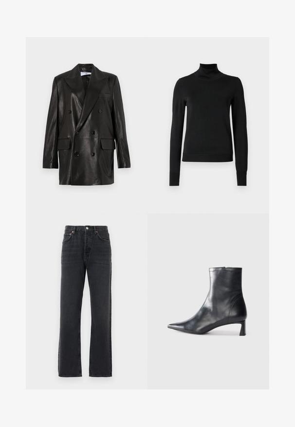 Juodas odinis dvigubos sagos švarkas su plačiais sklendais, priekinėmis kišenėmis ir mygtukų akcentais. Lygi tekstūra su pritaikytu siluetu.; Juoda ilgomis rankovėmis turtleneko tipo megztinis su rebruotomis rankovėmis ir apačia, eksponuojamas ant paprasto balto fono.; Juodos tiesios kojų džinsinės kelnės su penkiomis kišenėmis, mygtuko uždarymu ir diržo kilpelėmis, eksponuojamos prieš baltą foną.; Juodas odinis kulkšninis batas su smailiu pirštu ir elegantišku dizainu. Turi žemą kulną ir užtrauktuką gale. Lygi tekstūra.