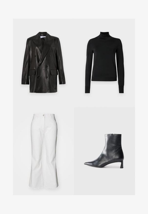 Blazer de cuero negro de doble botonadura con amplias solapas, bolsillos frontales y detalles de botones. Textura suave con una silueta entallada.; Suéter negro de manga larga con cuello de tortuga, con puños y dobladillo acanalados, exhibido sobre un fondo blanco liso.; Jeans acampanados blancos de mezclilla con un dobladillo sin acabar. Presenta un cierre de botón y bolsillos frontales. Diseño clásico con un corte moderno.; Botín de cuero negro hasta el tobillo con punta afilada y un diseño elegante. Presenta un tacón bajo y un cierre con cremallera en la parte trasera. Textura suave.