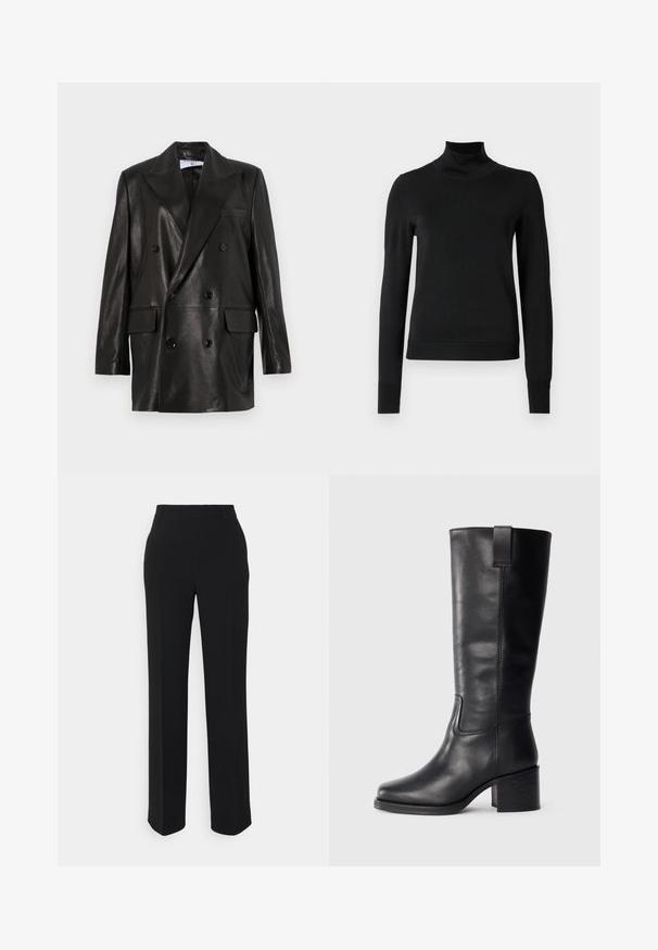 Blazer en cuir noir à double boutonnage avec larges revers, poches avant et accents en bouton. Texture lisse avec une silhouette cintrée.; Pull à col roulé noir à manches longues avec des poignets et un ourlet côtelés, présenté sur un fond blanc uni.; Pantalons noirs à jambes droites avec une texture lisse. Dotés d'une taille et sans motifs ou accents visibles. Design classique et ajusté.; Bottes en cuir noir montantes, avec une texture lisse, un nez carré, un talon bloc et une languette sur le côté, présentant des coutures minimales.