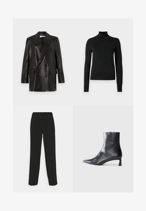 Schwarze Leder-Doppelreiher-Blazer mit breiten Revers, Fronttaschen und Knopfakzenten. Glatte Textur mit taillierter Silhouette.; Schwarzer Langarmrollkragenpullover mit gerippten Bündchen und Saum, auf einem schlichten weißen Hintergrund präsentiert.; Schwarze, maßgeschneiderte Hose mit geradem Bein, hoher Taille, Falten und glattem Stoff.; Schwarze Lederstiefelette mit spitzer Zehe und schlankem Design. Verfügt über einen niedrigen Absatz und einen Reißverschluss hinten. Glatte Textur.