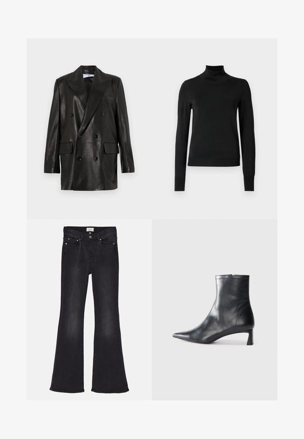 Blazer de cuero negro de doble botonadura con amplias solapas, bolsillos frontales y detalles de botones. Textura suave con una silueta entallada.; Suéter negro de manga larga con cuello de tortuga, con puños y dobladillo acanalados, exhibido sobre un fondo blanco liso.; Pantalones vaqueros acampanados negros de denim, con una cintura alta, diseño clásico de cinco bolsillos y un sutil desvanecimiento en las piernas para dar textura.; Botín de cuero negro hasta el tobillo con punta afilada y un diseño elegante. Presenta un tacón bajo y un cierre con cremallera en la parte trasera. Textura suave.