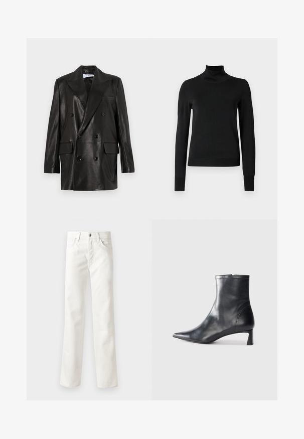 Mustast nahast kahe nööbiga bleiser laiale kraele, esikottidele ja nööpirnidele. Sile tekstuur koos kohandatud siluetiga.; Mustmusterta mustaga pikkade varrukatega kõrge kaelusega sviiter, millel on ribakudumisega mansetid ja äär, esitatud lihtsal valgel taustal.; Valged denimpüksid sirge sääre disainiga, viie taskuga, nööbi sulgemisega ja peene tekstuuriga. Varustatud vöökohaga ja tavalise servaga.; Mustad mustall nahkasaabas terava nina ja stiilse disainiga. Omab madalat konts ja luku sulgemist taga. Sile tekstuur.