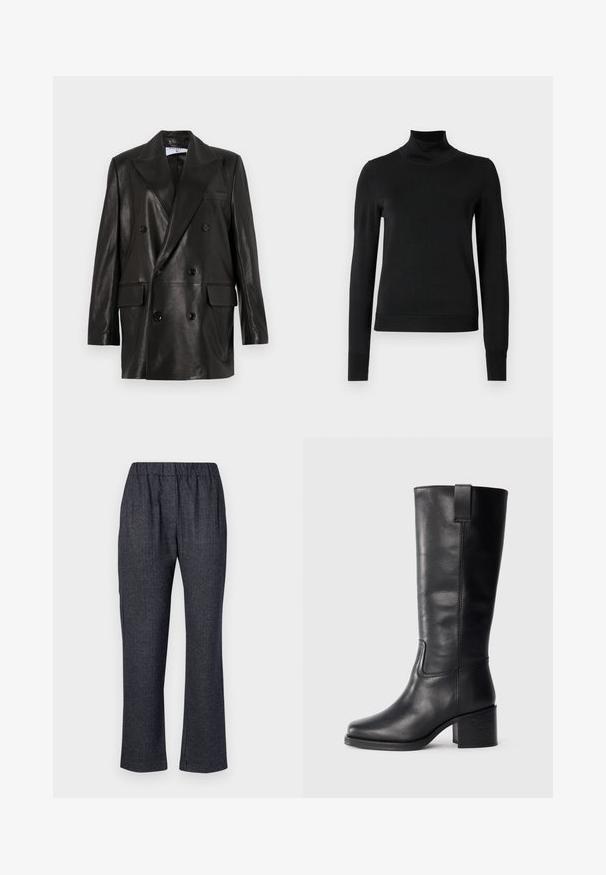 Mustast nahast kahe nööbiga bleiser laiale kraele, esikottidele ja nööpirnidele. Sile tekstuur koos kohandatud siluetiga.; Mustmusterta mustaga pikkade varrukatega kõrge kaelusega sviiter, millel on ribakudumisega mansetid ja äär, esitatud lihtsal valgel taustal.; WEEKEND MaxMara CORDOBA - Püksid - blu; Musthave mustad nahktoodete bikiinibootid, millel on sile pind, ruudukujuline varvas, plokk-kand ja külgmine tõmbeaas, minimaalse õmblusega detailid.