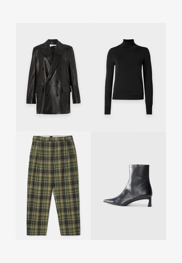 Czarna skórzana marynarka dwurzędowa z szerokimi klapami, przednimi kieszeniami i guzikami. Gładka tekstura z dopasowanym krojem.; Czarny sweter z długim rękawem i stojącym kołnierzem, z prążkowanymi mankietami i dołem, zaprezentowany na białym tle.; Zielono-czarne spodnie w kratę z teksturowanej tkaniny, z plisami z przodu, prostym krojem i pasem dla lepszego dopasowania.; Czarne skórzane botki sięgające kostki z ostrym noskiem i eleganckim designem. Posiadają niski obcas oraz zamek błyskawiczny z tyłu. Gładka faktura.