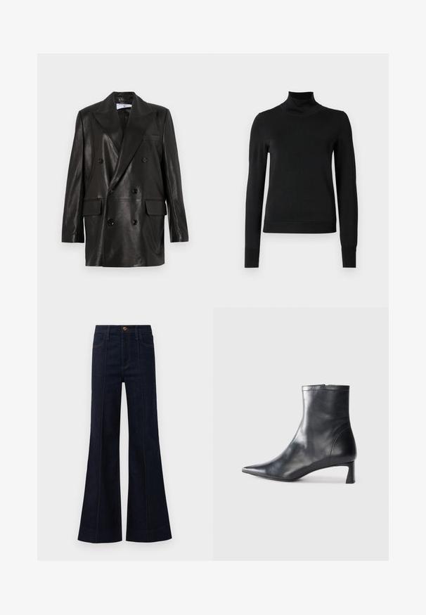 Sort læder dobbeltradet blazer med brede revers, forlommer og knapdetaljer. Glat tekstur med en skræddersyet silhuet.; Sort langærmet turtleneck sweater med ribbede manchetter og kant, vist på en simpel hvid baggrund.; Mørkeblå denim flared jeans med høj talje, frontlommer og synlige sømme. Stoffet har en glat tekstur og en struktureret form.; Sort læder ankelstøvle med spids tå og et strømlinet design. Har en lav hæl og en lynlås lukning bagpå. Glat tekstur.