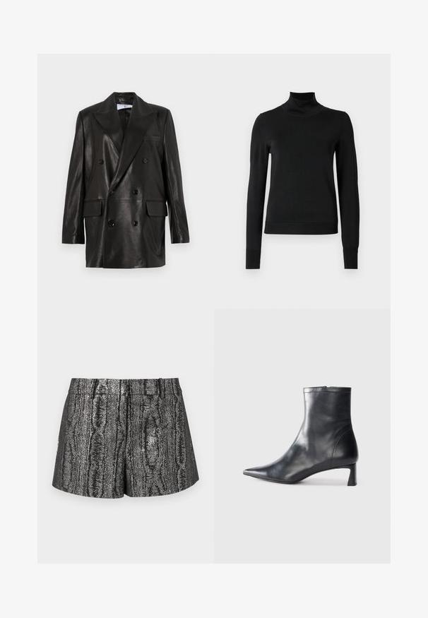 Čierny kožený dvojradový blejzer so širokými klopami, prednými vreckami a gombíkovými detailami. Hladká textúra s priliehavým strihom.; Čierny dlhý rukáv rolák s rebrovanými manžetami a lemom, zobrazený na čistej bielej pozadí.; Čierne a strieborné šortky s textúrovaným metalickým povrchom a jemným vzorom dreveného vlákna, s rovnými nohavicami a štandardným pásom.; Čierne kožené členkové topánky s špicatou špičkou a elegantným dizajnom. Majú nízky podpätok a zips na zadnej strane. Hladká textúra.