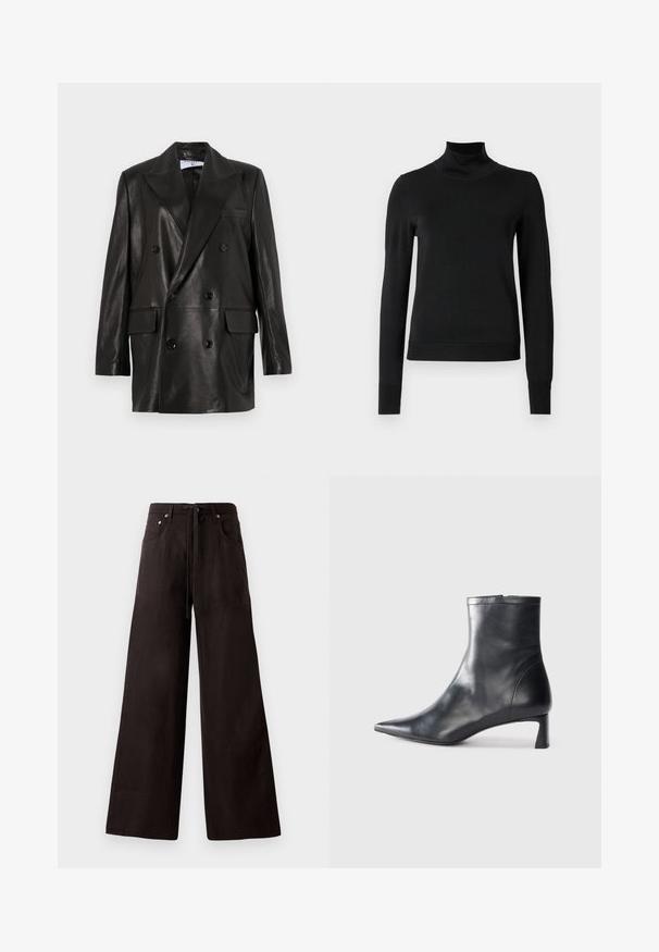 Blazer doppiopetto in pelle nera con ampi revers, tasche frontali e dettagli in bottone. Texture liscia con silhouette su misura.; Pullover nero a maniche lunghe con collo alto, rifinito con polsini e orlo a coste, mostrato su uno sfondo bianco semplice.; Pantaloni neri a gamba larga realizzati in tessuto leggero. Presentano un elastico in vita, tasche frontali e una sottile texture.; Stivaletto in pelle nera con punta affusolata e design elegante. Presenta un tacco basso e una chiusura con zip sul retro. Texture liscia.
