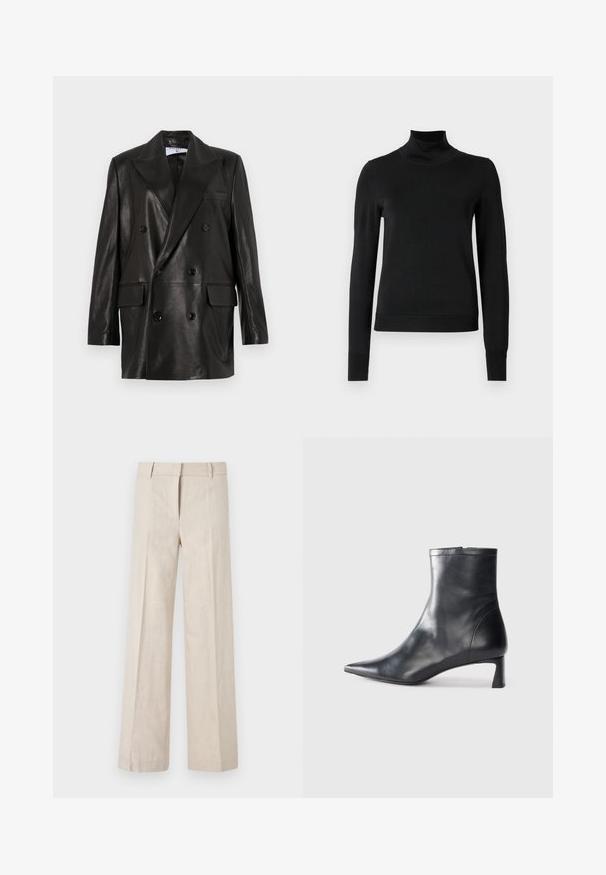 Juodas odinis dvigubos sagos švarkas su plačiais sklendais, priekinėmis kišenėmis ir mygtukų akcentais. Lygi tekstūra su pritaikytu siluetu.; Juoda ilgomis rankovėmis turtleneko tipo megztinis su rebruotomis rankovėmis ir apačia, eksponuojamas ant paprasto balto fono.; Šviesiai rudos plačios kelnės iš lengvos medžiagos, pasižyminčios lygiu paviršiumi ir tvarkingais priekiniais klostėmis. Juosmuo sukurtas su kilpomis diržui.; Juodas odinis kulkšninis batas su smailiu pirštu ir elegantišku dizainu. Turi žemą kulną ir užtrauktuką gale. Lygi tekstūra.