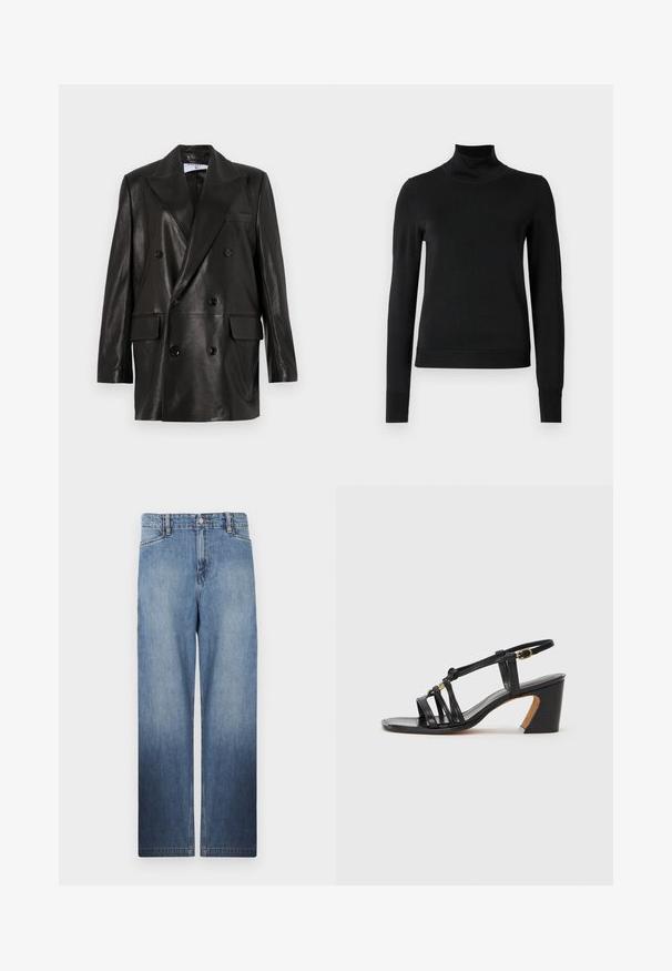 Čierny kožený dvojradový blejzer so širokými klopami, prednými vreckami a gombíkovými detailami. Hladká textúra s priliehavým strihom.; Čierny dlhý rukáv rolák s rebrovanými manžetami a lemom, zobrazený na čistej bielej pozadí.; Svetlo modré džínsy rovného strihu s efektom blednutia, päť vreciek a kovový gombík na zapínanie v páse.; Paul Smith AMIRA - Klasické lodičky na opätku - black