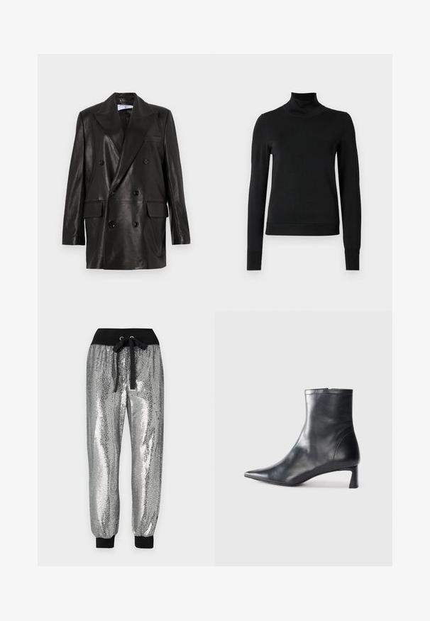Černý kožený dvouřadý blazer s širokými klopy, předními kapsami a ozdobnými knoflíky. Hladká textura s upraveným siluetou.; Černý dlouhý rukáv rolák se žebrovanými manžetami a lemem, vystavený na čistě bílém pozadí.; Stříbrné jogger kalhoty s flitry, černým elastickým pasem, šňůrkou na stažení a černými manžetami na kotnících pro zúžený střih.; Černé kožené kotníkové boty s špičatou špičkou a elegantním designem. Mají nízký podpatek a zipové zapínání na zadní straně. Hladká textura.
