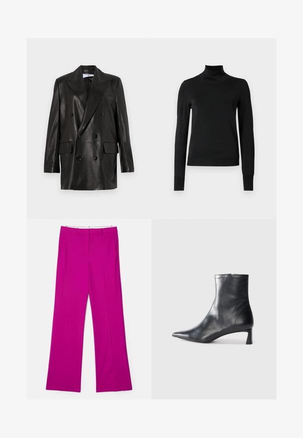 Blazer en cuir noir à double boutonnage avec larges revers, poches avant et accents en bouton. Texture lisse avec une silhouette cintrée.; Pull à col roulé noir à manches longues avec des poignets et un ourlet côtelés, présenté sur un fond blanc uni.; Pantalons larges fuchsia en texture lisse, dotés de poches avant et d'un design ajusté pour une apparence structurée.; Bottine en cuir noir avec un bout pointu et un design épuré. Présente un petit talon et une fermeture éclair à l'arrière. Texture lisse.