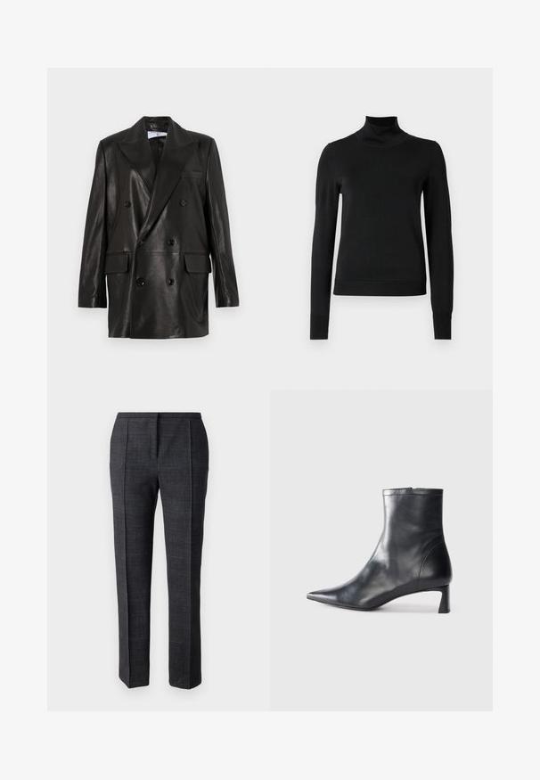 Juodas odinis dvigubos sagos švarkas su plačiais sklendais, priekinėmis kišenėmis ir mygtukų akcentais. Lygi tekstūra su pritaikytu siluetu.; Juoda ilgomis rankovėmis turtleneko tipo megztinis su rebruotomis rankovėmis ir apačia, eksponuojamas ant paprasto balto fono.; Tamsiai pilkos pritaikytos kelnės, pagamintos iš tekstūruotos medžiagos, su šoninėmis raukšlėmis, tiesiomis kojomis ir švariu juosmeniu be matomų užsegimų.; Juodas odinis kulkšninis batas su smailiu pirštu ir elegantišku dizainu. Turi žemą kulną ir užtrauktuką gale. Lygi tekstūra.