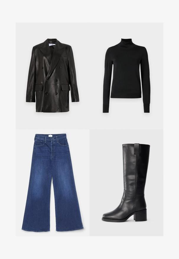 Melnas ādas divrindu žakete ar plašiem atlokiem, priekšējām kabatām un pogu akcentiem. Gluda tekstūra ar pielāgotu siluetu.; Melnas garām piedurknēm turtlenecks džemperis ar ribotām aprocēm un apakšmali, attēlots uz vienkārša balta fona.; Mother THE TOMCAT ROLLER SNEAK - Džinsi ar platām starām - blue; Melnas ādas augstas līdz ceļgaliem zābaki ar gludu tekstūru, kvadrātveida purngaliem, blokveida papēdi un sānu cilpu, ar minimālām šuvju detaļām.