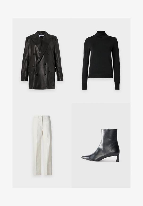 Czarna skórzana marynarka dwurzędowa z szerokimi klapami, przednimi kieszeniami i guzikami. Gładka tekstura z dopasowanym krojem.; Czarny sweter z długim rękawem i stojącym kołnierzem, z prążkowanymi mankietami i dołem, zaprezentowany na białym tle.; Białe spodnie o szerokich nogawkach z miękkiego materiału, z płaskim przodem, dwoma bocznymi kieszeniami i pojedynczym zapięciem na guzik z przodu.; Czarne skórzane botki sięgające kostki z ostrym noskiem i eleganckim designem. Posiadają niski obcas oraz zamek błyskawiczny z tyłu. Gładka faktura.