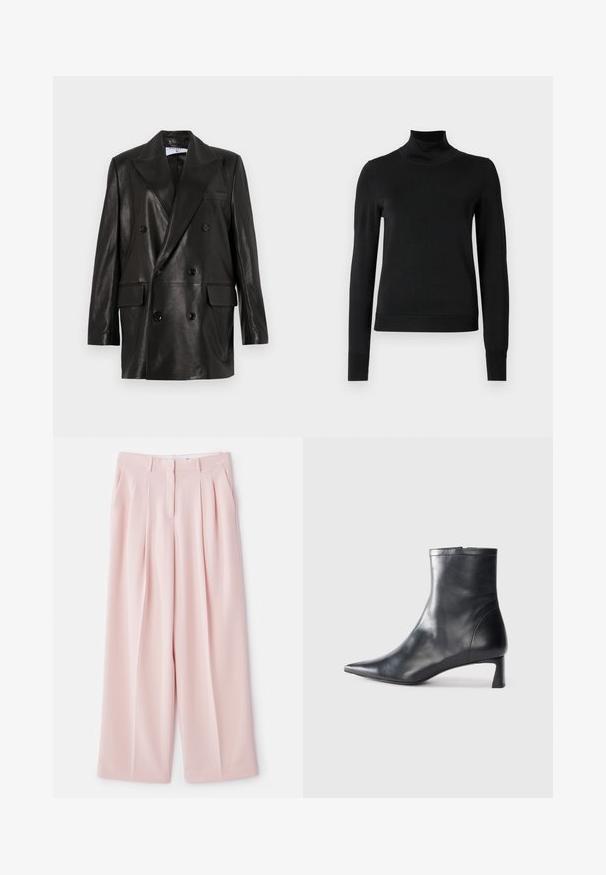 Zwarte leren dubbelbreasted blazer met brede revers, voorzakken en knoopaccenten. Gladde textuur met een getailleerd silhouet.; Zwarte trui met lange mouwen en col, voorzien van geribde manchetten en zoom, weergegeven op een effen witte achtergrond.; Lichtroze wijde broek met plooien aan de voorkant, een gestructureerde tailleband en een gladde stofafwerking. Bevat twee zijzakken.; Zwarte leren enkellaars met een spitse neus en een slank ontwerp. Heeft een lage hak en een ritssluiting aan de achterkant. Gladde textuur.
