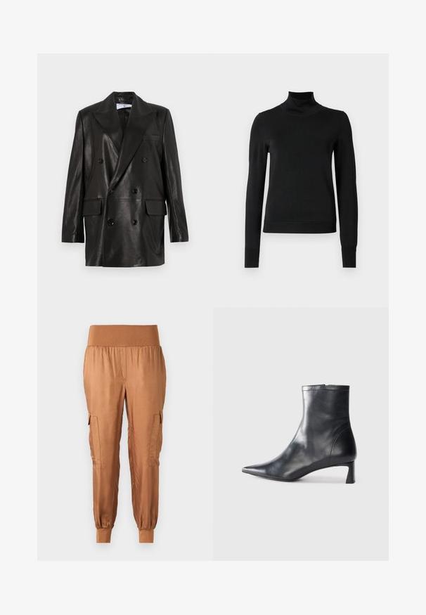 Blazer din piele neagră, cu două rânduri de nasturi, guler larg, buzunare frontale și accente din nasturi. Textură netedă cu o siluetă croită.; Pulover negru cu mânecă lungă și guler tip colier, cu manșete și tiv cu elastic, expus pe un fundal alb simplu.; Pantaloni cargo din satin maro, cu talie elastică, buzunare laterale și tivuri înguste. Textură netedă și material ușor.; Cizmă de gleznă din piele neagră cu vârf ascuțit și un design elegant. Dispune de un toc mic și de o închidere cu fermoar la spate. Textură netedă.