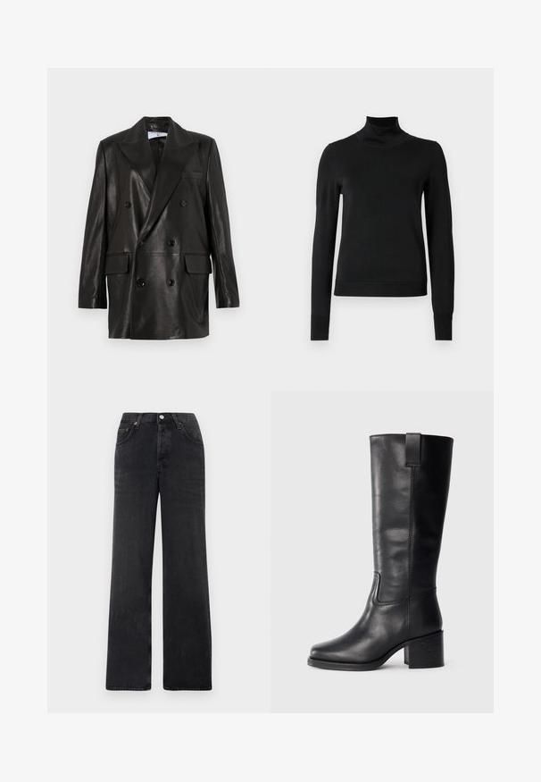 Melnas ādas divrindu žakete ar plašiem atlokiem, priekšējām kabatām un pogu akcentiem. Gluda tekstūra ar pielāgotu siluetu.; Melnas garām piedurknēm turtlenecks džemperis ar ribotām aprocēm un apakšmali, attēlots uz vienkārša balta fona.; Melnas plaša kāju džinses, izgatavotas no denima. Tām ir augsta josta, divas priekšējās kabatas un pogu aizdare ar varš krāsas akcentiem.; Melnas ādas augstas līdz ceļgaliem zābaki ar gludu tekstūru, kvadrātveida purngaliem, blokveida papēdi un sānu cilpu, ar minimālām šuvju detaļām.