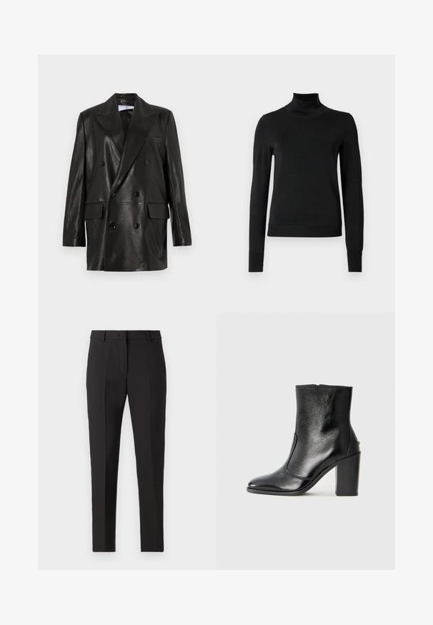 Melnas ādas divrindu žakete ar plašiem atlokiem, priekšējām kabatām un pogu akcentiem. Gluda tekstūra ar pielāgotu siluetu.; Melnas garām piedurknēm turtlenecks džemperis ar ribotām aprocēm un apakšmali, attēlots uz vienkārša balta fona.; Melni piegriezti bikses ar taisnu kāju dizainu, kas ietver plakanu priekšu, jostas cilpas un nav redzamu rakstu vai rotājumu.; Melnas ādas potīšu zābaki ar gludu tekstūru, smailu purngalu un masīlu augstu papēdi. Iekļauts sānu atvērums un minimālistisks dizains.