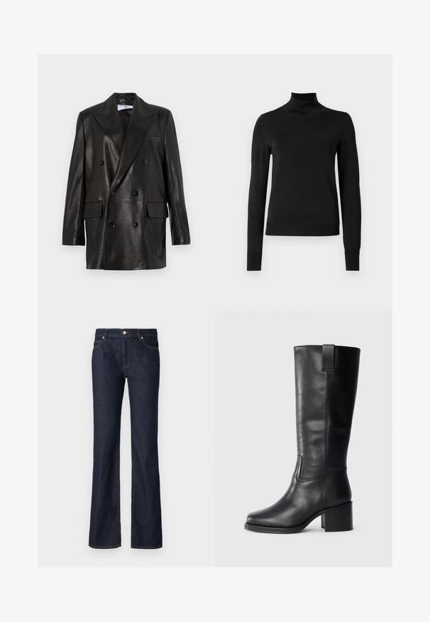 Schwarze Leder-Doppelreiher-Blazer mit breiten Revers, Fronttaschen und Knopfakzenten. Glatte Textur mit taillierter Silhouette.; Schwarzer Langarmrollkragenpullover mit gerippten Bündchen und Saum, auf einem schlichten weißen Hintergrund präsentiert.; Dunkelblaue Denim-Jeans mit ausgestellter Form, fünf Taschen und kontrastierendem orangefarbenem Nähten entlang der Nähte und Taschen.; Schwarze Lederstiefel bis zum Knie mit glatter Oberfläche, quadratischer Spitze, Blockabsatz und seitlichem Zugband, mit minimalistischen Nähdetails.