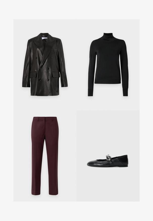 Melnas ādas divrindu žakete ar plašiem atlokiem, priekšējām kabatām un pogu akcentiem. Gluda tekstūra ar pielāgotu siluetu.; Melnas garām piedurknēm turtlenecks džemperis ar ribotām aprocēm un apakšmali, attēlots uz vienkārša balta fona.; Burgundijas pielāgotas bikses, izgatavotas no gludas auduma. Iezīmējas ar plakanu priekšpusi, šauru piegriezumu un bez redzamām kabatām vai rotājumiem.; Melnas ādas baleta kurpes ar smailu purngalu, ar siksniņu ar apaļu metāla sprādzi un platu zoli.