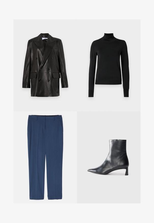 Zwarte leren dubbelbreasted blazer met brede revers, voorzakken en knoopaccenten. Gladde textuur met een getailleerd silhouet.; Zwarte trui met lange mouwen en col, voorzien van geribde manchetten en zoom, weergegeven op een effen witte achtergrond.; Theory TREECA - Broek - ash blue; Zwarte leren enkellaars met een spitse neus en een slank ontwerp. Heeft een lage hak en een ritssluiting aan de achterkant. Gladde textuur.