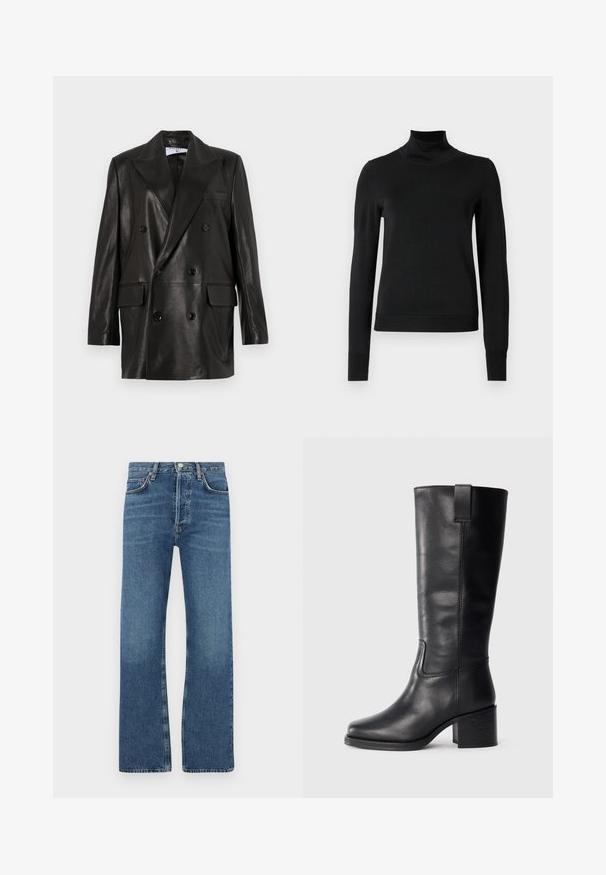 Musta nahkainen kaksirivinen bleiseri leveillä kauluksilla, etutaskuilla ja napitusyksityiskohdilla. Säihkeä pinta ja muotoiltu siluetti.; Musta pitkähihaisen pooloneuleen, jossa on ribbikuvioiset hihansuut ja helma, esitetty yksinkertaisella valkoisella taustalla.; Siniset farkut, jotka on valmistettu denimistä, suoran lahkeen muotoilulla, viidellä taskulla, nappisulkimella ja hienovaraisilla haalistuneilla alueilla reiden kohdalla.; Mustat nahkasaappaat, jotka ulottuvat polveen, sileällä pinnalla, neliön muotoisella varvalla, tukkipohjalla ja sivussa olevalla vetoketjulla, joissa on vain minimaalista ompelua.