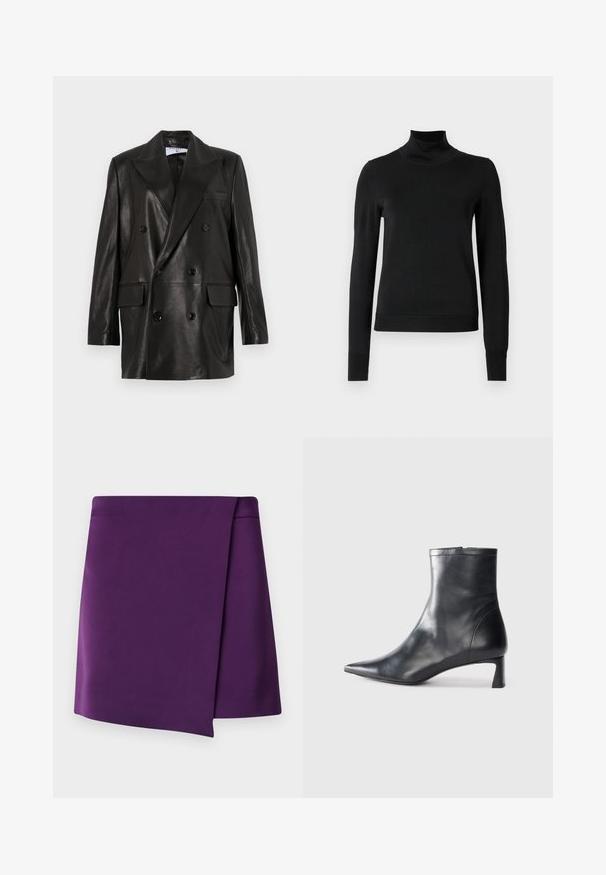Juodas odinis dvigubos sagos švarkas su plačiais sklendais, priekinėmis kišenėmis ir mygtukų akcentais. Lygi tekstūra su pritaikytu siluetu.; Juoda ilgomis rankovėmis turtleneko tipo megztinis su rebruotomis rankovėmis ir apačia, eksponuojamas ant paprasto balto fono.; Violet mini sijonas su lygiu paviršiumi, turintis įstrižinę apvyniojimo dizainą ir švarias linijas. Matomų detalių ar raštų nėra.; Juodas odinis kulkšninis batas su smailiu pirštu ir elegantišku dizainu. Turi žemą kulną ir užtrauktuką gale. Lygi tekstūra.
