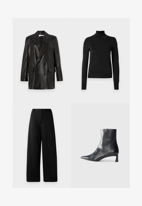 Čierny kožený dvojradový blejzer so širokými klopami, prednými vreckami a gombíkovými detailami. Hladká textúra s priliehavým strihom.; Čierny dlhý rukáv rolák s rebrovanými manžetami a lemom, zobrazený na čistej bielej pozadí.; Čierne široké nohavice vyrobené z hladkého materiálu, s plochým predným dielom, pútkami na opasok a zipsom; bez viditeľných vreciek alebo hardvérových detailov.; Čierne kožené členkové topánky s špicatou špičkou a elegantným dizajnom. Majú nízky podpätok a zips na zadnej strane. Hladká textúra.