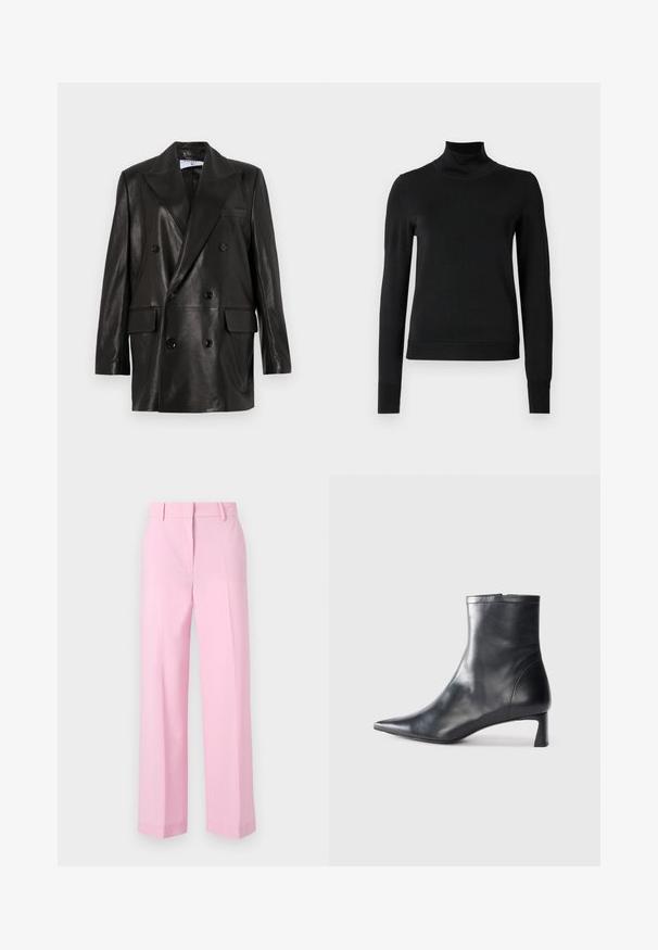 Čierny kožený dvojradový blejzer so širokými klopami, prednými vreckami a gombíkovými detailami. Hladká textúra s priliehavým strihom.; Čierny dlhý rukáv rolák s rebrovanými manžetami a lemom, zobrazený na čistej bielej pozadí.; Svetloružové, široké nohavice s hladkou štruktúrou, so štandardným pásom a ostrými skladmi vpredu pre lepšiu štruktúru.; Čierne kožené členkové topánky s špicatou špičkou a elegantným dizajnom. Majú nízky podpätok a zips na zadnej strane. Hladká textúra.
