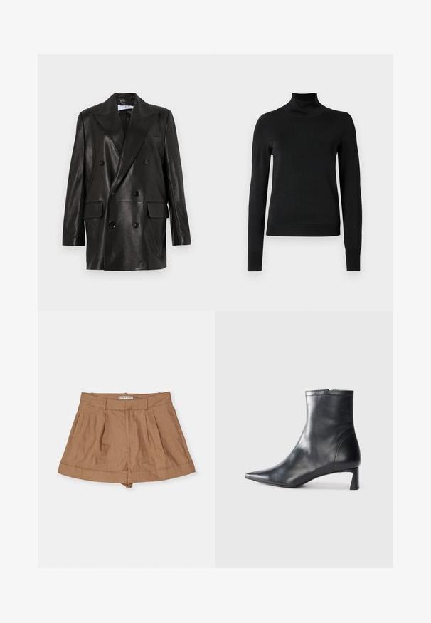 Czarna skórzana marynarka dwurzędowa z szerokimi klapami, przednimi kieszeniami i guzikami. Gładka tekstura z dopasowanym krojem.; Czarny sweter z długim rękawem i stojącym kołnierzem, z prążkowanymi mankietami i dołem, zaprezentowany na białym tle.; Jasnobrązowe szorty z lnu o plisowanym kroju, z szerokim paskiem w talii i podwiniętymi mankietami, wyeksponowane na białym tle.; Czarne skórzane botki sięgające kostki z ostrym noskiem i eleganckim designem. Posiadają niski obcas oraz zamek błyskawiczny z tyłu. Gładka faktura.