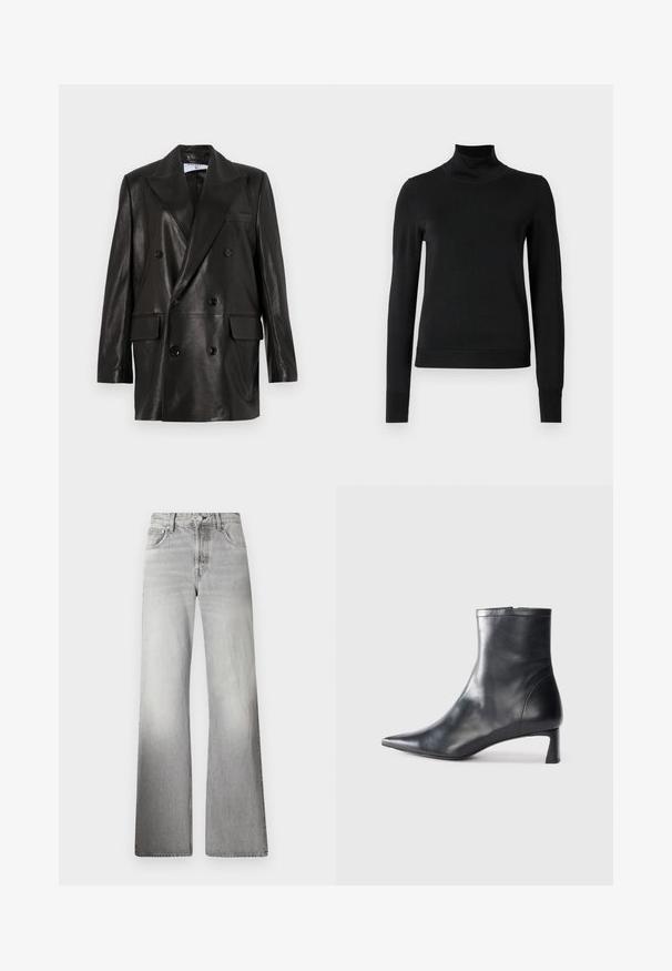 Blazer de cuero negro de doble botonadura con amplias solapas, bolsillos frontales y detalles de botones. Textura suave con una silueta entallada.; Suéter negro de manga larga con cuello de tortuga, con puños y dobladillo acanalados, exhibido sobre un fondo blanco liso.; Jeans de mezclilla gris de pierna ancha con cintura alta, textura desvanecida, cinco bolsillos y cierre de cremallera con botón.; Botín de cuero negro hasta el tobillo con punta afilada y un diseño elegante. Presenta un tacón bajo y un cierre con cremallera en la parte trasera. Textura suave.