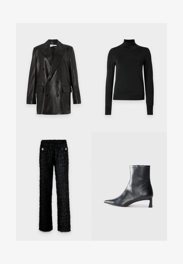 Svart läder dubbelknäppt blazer med breda slag, framfickor och knappdetaljer. Slät textur med skräddarsydd silhuett.; Svart långärmad polotröja med ribbade muddar och nederkant, visad mot en enkel vit bakgrund.; Svarta lurviga byxor med en texturerad design, med hög midja och två framfickor prydda med rundade blomdekorationer.; Svart läder ankelboot med spetsig tå och en smidig design. Har en låg klack och en dragkedjestängning bak. Slät textur.