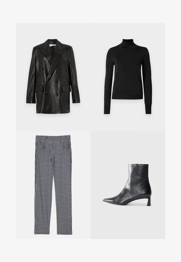 Czarna skórzana marynarka dwurzędowa z szerokimi klapami, przednimi kieszeniami i guzikami. Gładka tekstura z dopasowanym krojem.; Czarny sweter z długim rękawem i stojącym kołnierzem, z prążkowanymi mankietami i dołem, zaprezentowany na białym tle.; Spodnie w wzór houndstooth, z mieszanką czerni, bieli i szarości. Zaprojektowane z dopasowanym krojem i przednimi kieszeniami.; Czarne skórzane botki sięgające kostki z ostrym noskiem i eleganckim designem. Posiadają niski obcas oraz zamek błyskawiczny z tyłu. Gładka faktura.