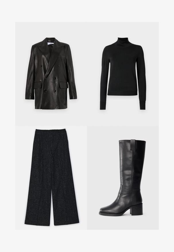 Melnas ādas divrindu žakete ar plašiem atlokiem, priekšējām kabatām un pogu akcentiem. Gluda tekstūra ar pielāgotu siluetu.; Melnas garām piedurknēm turtlenecks džemperis ar ribotām aprocēm un apakšmali, attēlots uz vienkārša balta fona.; Filippa K DARCEY - Auduma bikses - black; Melnas ādas augstas līdz ceļgaliem zābaki ar gludu tekstūru, kvadrātveida purngaliem, blokveida papēdi un sānu cilpu, ar minimālām šuvju detaļām.