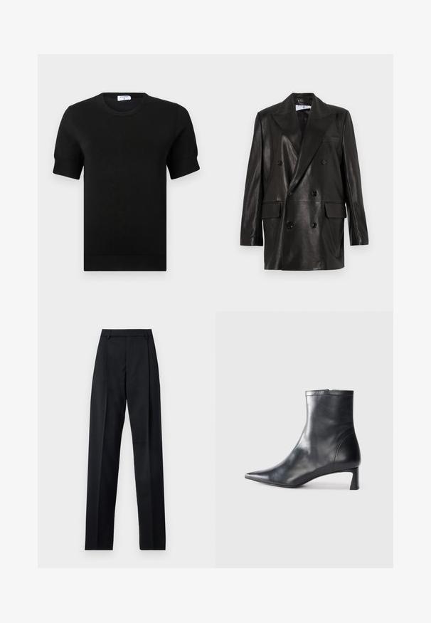 Blazer din piele neagră, cu două rânduri de nasturi, guler larg, buzunare frontale și accente din nasturi. Textură netedă cu o siluetă croită.; Bluză neagră cu mâneci scurte și tricotată, cu decolteu rotund. Prezintă detalii subtile cu dungi pe mâneci și tiv, confecționată dintr-un material neted.; Pantaloni negri dintr-un material neted, cu talie înaltă, picioare largi, pliuri frontale și loop-uri clasice pentru curea. Fără buzunare laterale vizibile.; Cizmă de gleznă din piele neagră cu vârf ascuțit și un design elegant. Dispune de un toc mic și de o închidere cu fermoar la spate. Textură netedă.